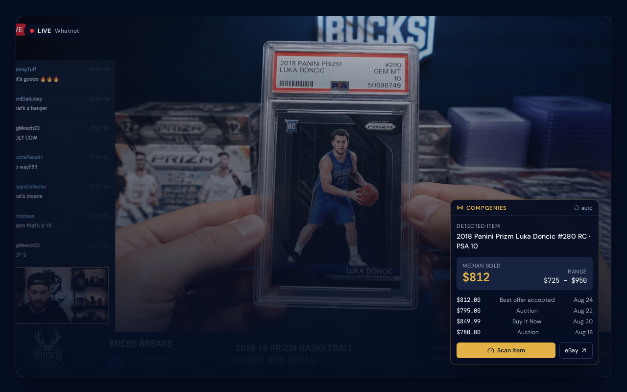 CompGenies overlay on a Whatnot sports card break showing a $812 median sold price for a 2018 Prizm Luka Doncic PSA 10