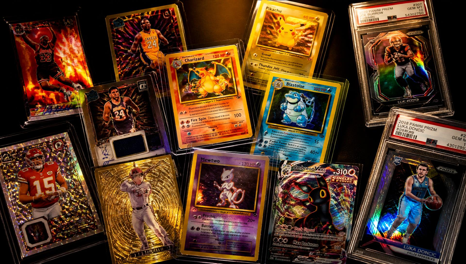 Premium trading cards in acrylic slabs on a dark surface